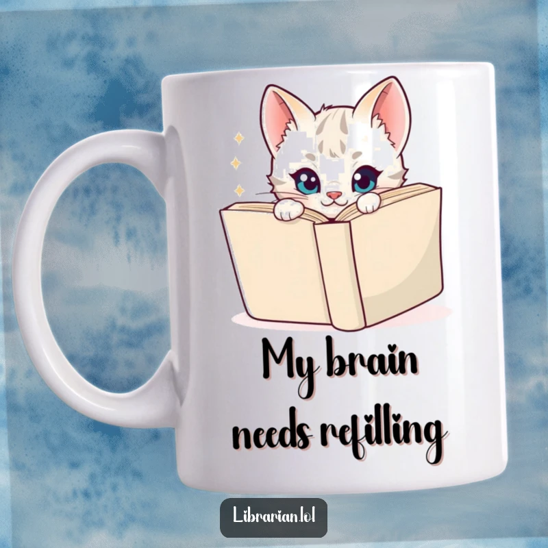 Funny Mug featuring a playful cartoon kitten peeking around a big book with a mischievous, sparkly expression, perfect for readers.
