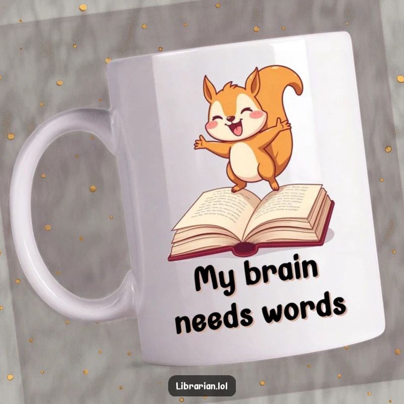 Funny Squirrel Mug, joyfully bouncing on an open dictionary, celebrating the love of words and humor, perfect gift for readers.