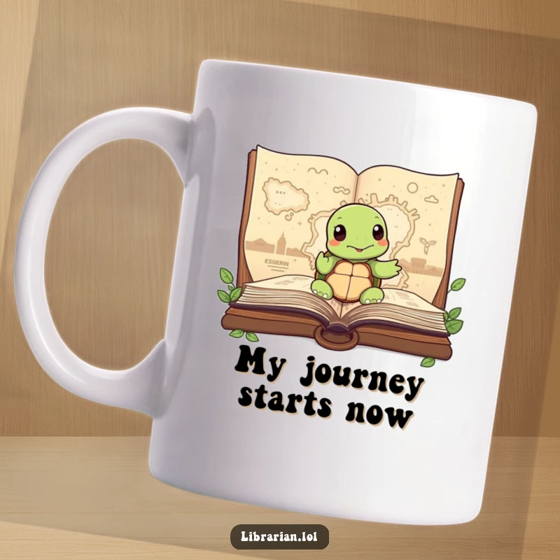 Funny Turtle Mug, wisely pointing to a map in a storybook, symbolizing guidance and adventure, ideal for curious minds.