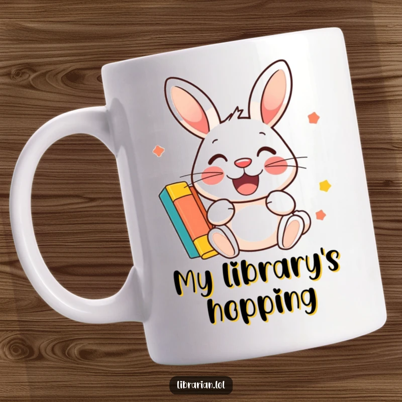 Funny Mug: A cheerful rabbit with a wide smile enthusiastically stamps a colorful library card.
