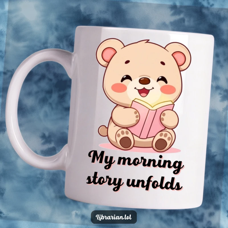 Funny mug with a happy bear cub holding a glowing bookmark, smiling widely, ideal for readers and gift-givers.