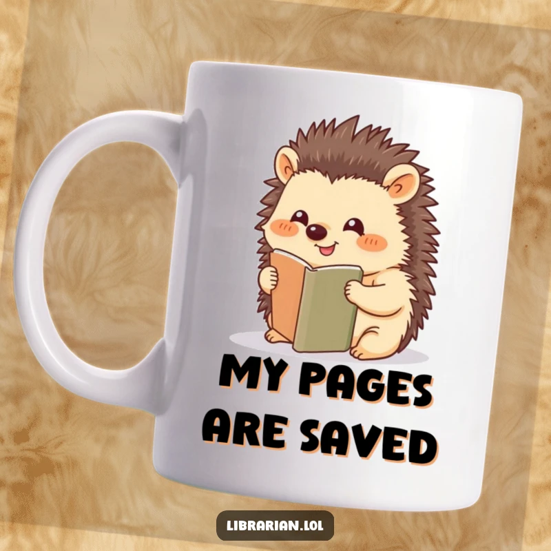 Funny Hedgehog mug, happily placing a bookmark, reading lover, cute animal, perfect gift for bookworms.