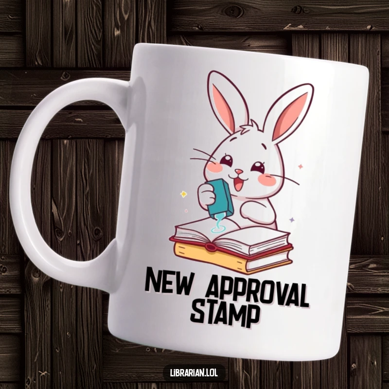 Funny cheerful rabbit enthusiastically stamping books with a rubber stamp, full of productive energy.