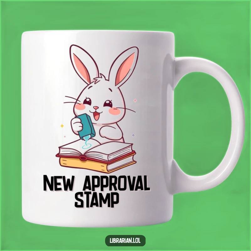 Funny Rabbit Stamping Books Mug: Librarian Gift, Energetic & Cheerful