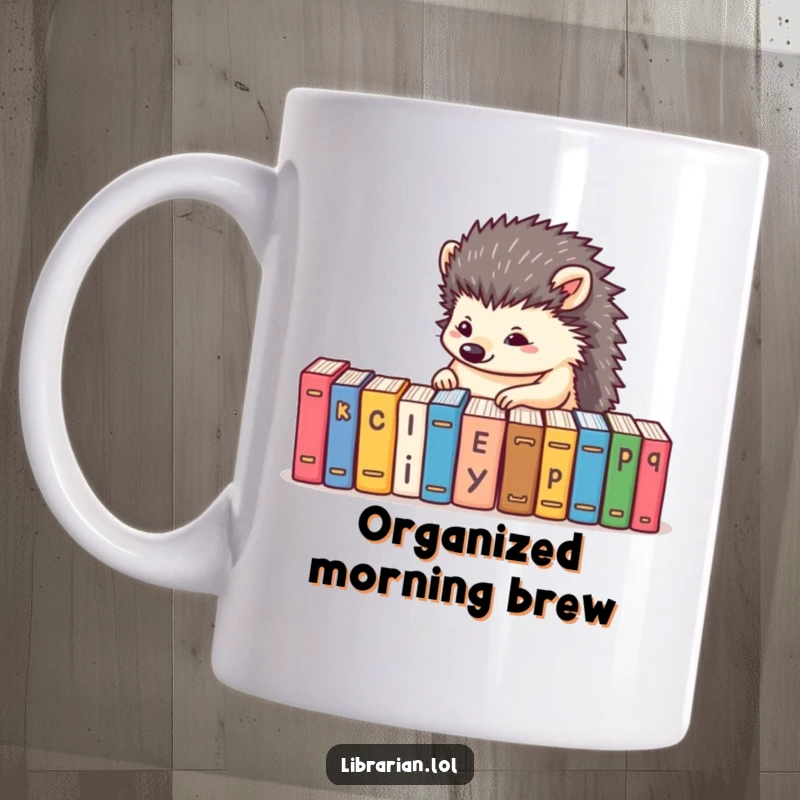 Funny hedgehog mug showing a determined hedgehog carefully alphabetizing tiny books, representing order and humor.