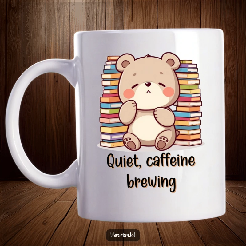 Funny Mug: A diligent bear holds a paw to its lips, shushing patrons amidst overflowing stacks of papers and books.