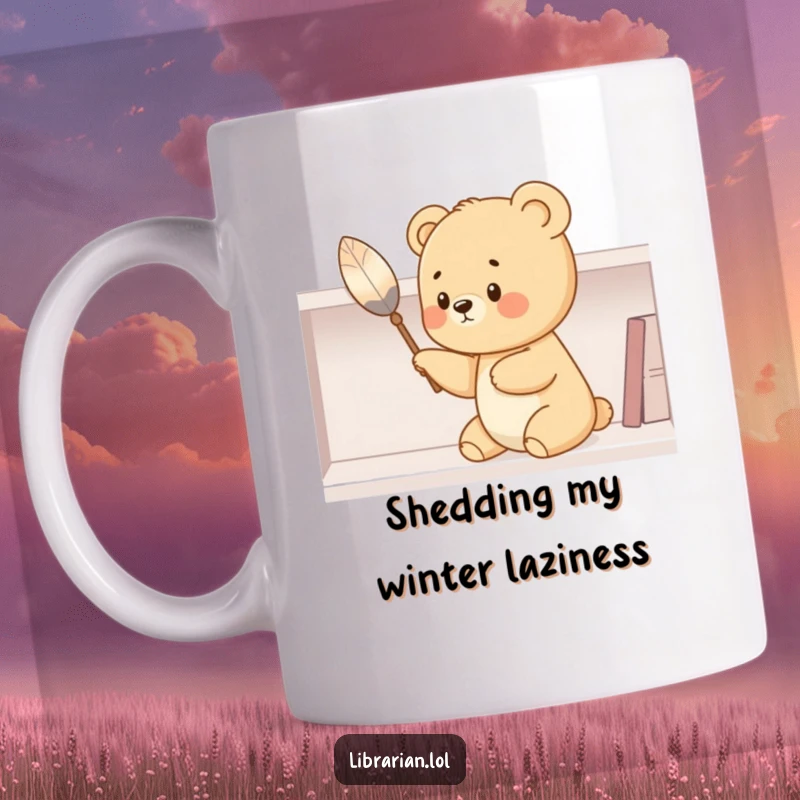 Funny bear cub mug with a feather duster, gently cleaning a shelf, showcasing its diligent and adorable personality. A humorous scene for cleaning enthusiasts.