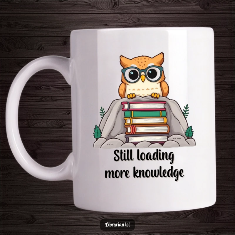 Funny owl with spectacles peeking curiously over a massive pile of books, embodying the joy of reading and discovery for cozy mornings.