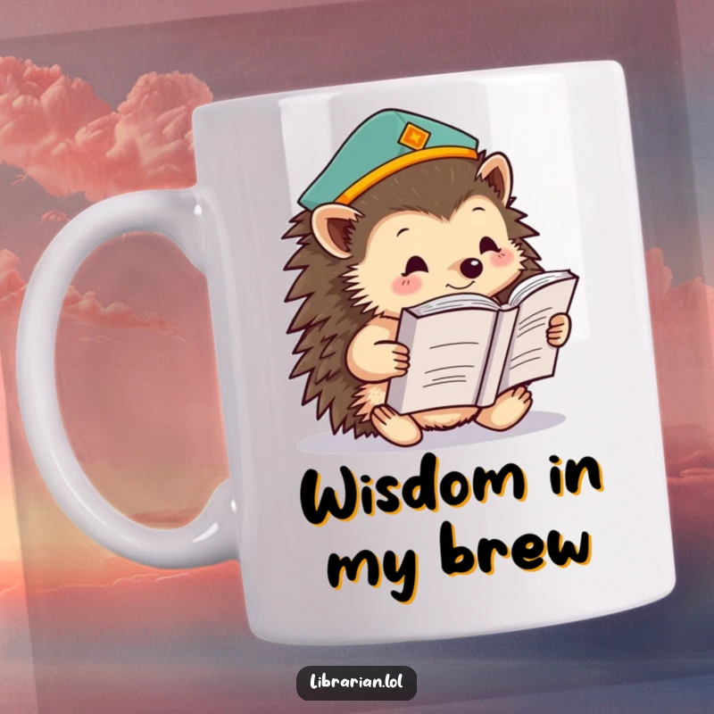 Funny hedgehog wearing a knowledge cap, reading a large tome on a coffee mug, embodying studious joy and academic pursuits.