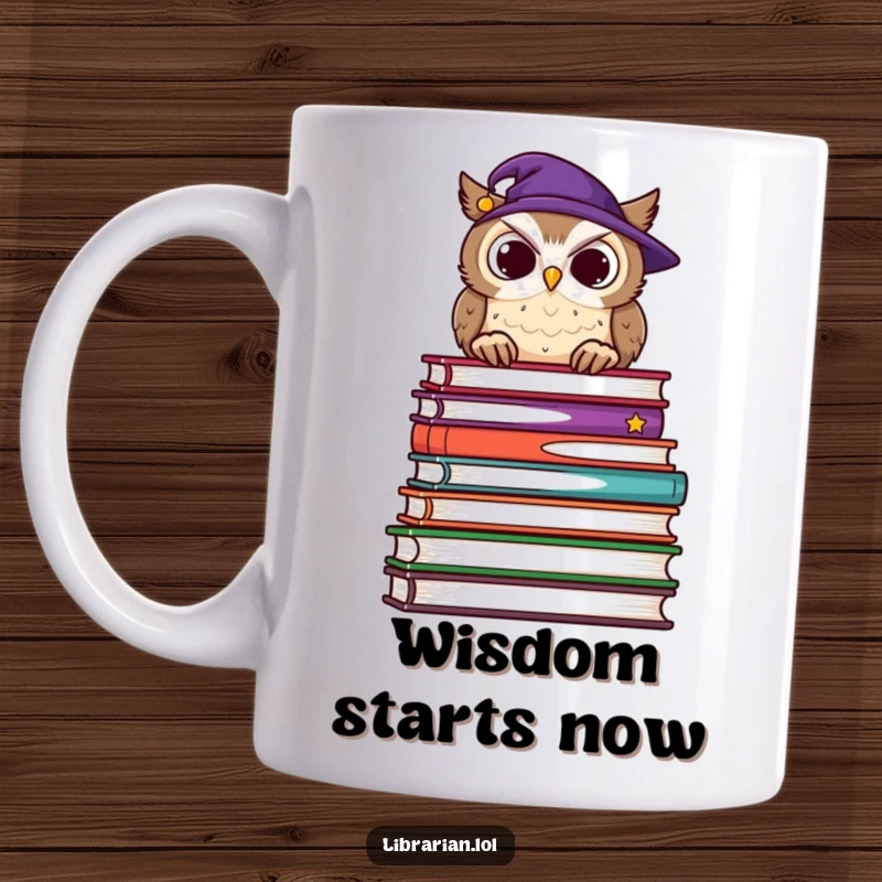 Funny mug shows a wise owl wearing glasses, peering over a huge stack of books with a knowing, gentle nod.