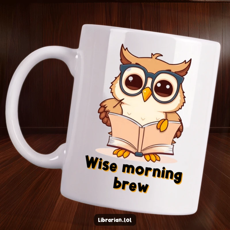 Funny owl scholar mug featuring a cute cartoon owl wearing spectacles, pointing at a book with a discovery smile.