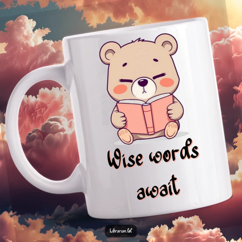 Funny determined bear offering a book with a knowing wink, a wise and humorous mug for avid readers and story lovers.