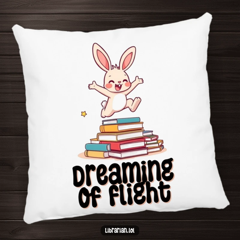 Funny Bunny Pillow: A soft pillow featuring an energetic bunny leaping over a pile of overdue books, a symbol of literary escape.