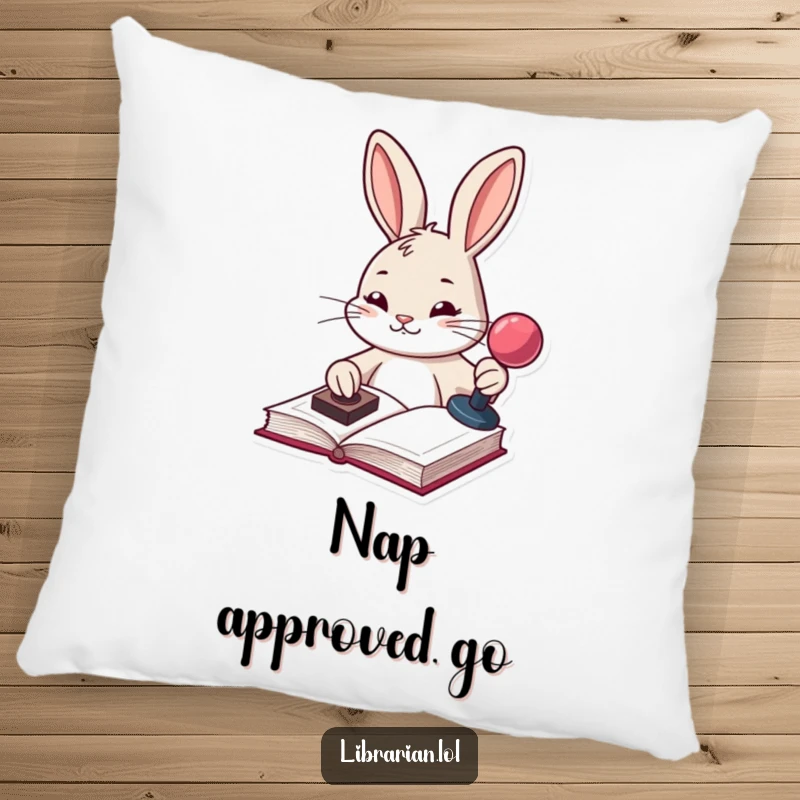 Funny determined bunny stamping a book with a stamp pad, on a soft pillow for cozy and organized spaces.