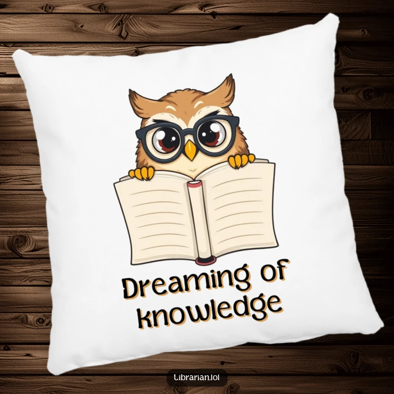 Funny owl wearing glasses peeking over a book, designed on a soft pillow for cozy reading and humorous decor.