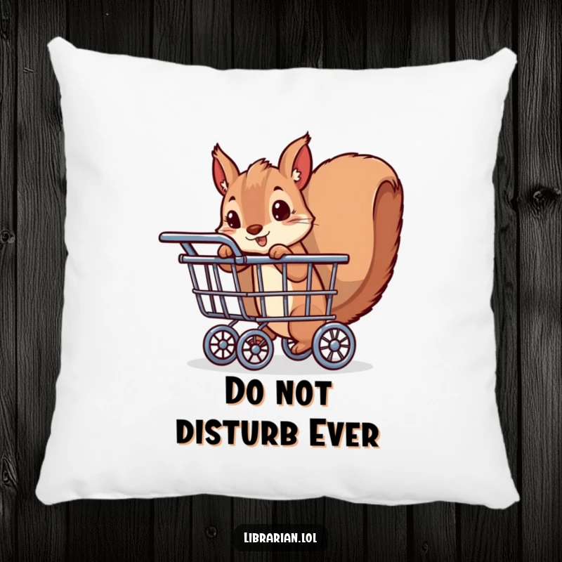 Funny decorative pillow with a playful squirrel peeking behind a book cart, perfect for adding humor to sofas.