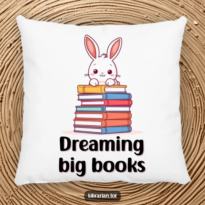 Funny decorative pillow featuring a playful rabbit peering over a pile of books, perfect for adding humor and comfort.