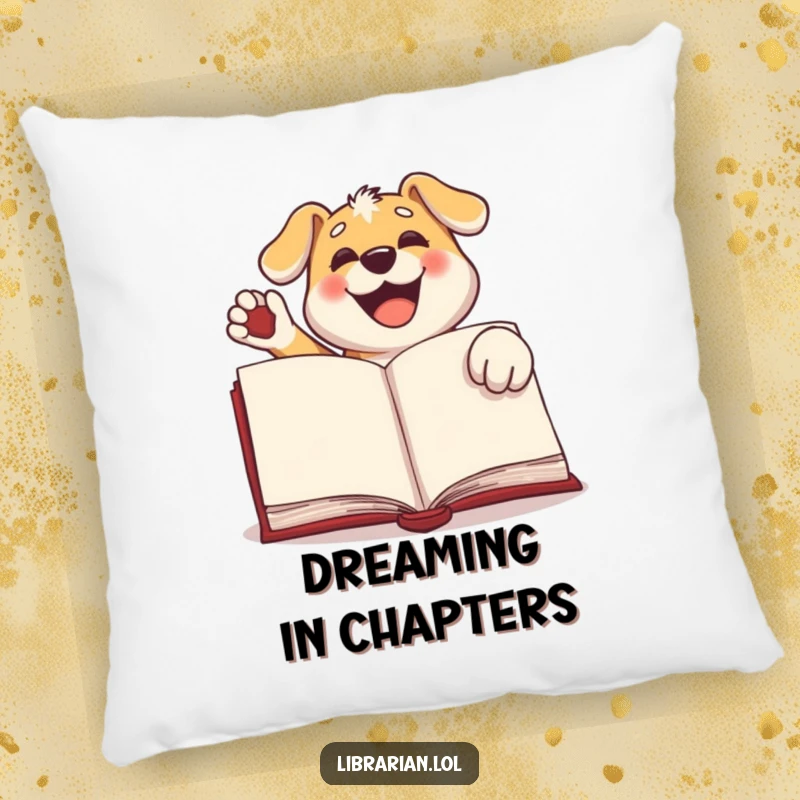 Funny dog pillow, a happy dog stamping a large book with its paw, offering comfort and literary-themed pet joy.