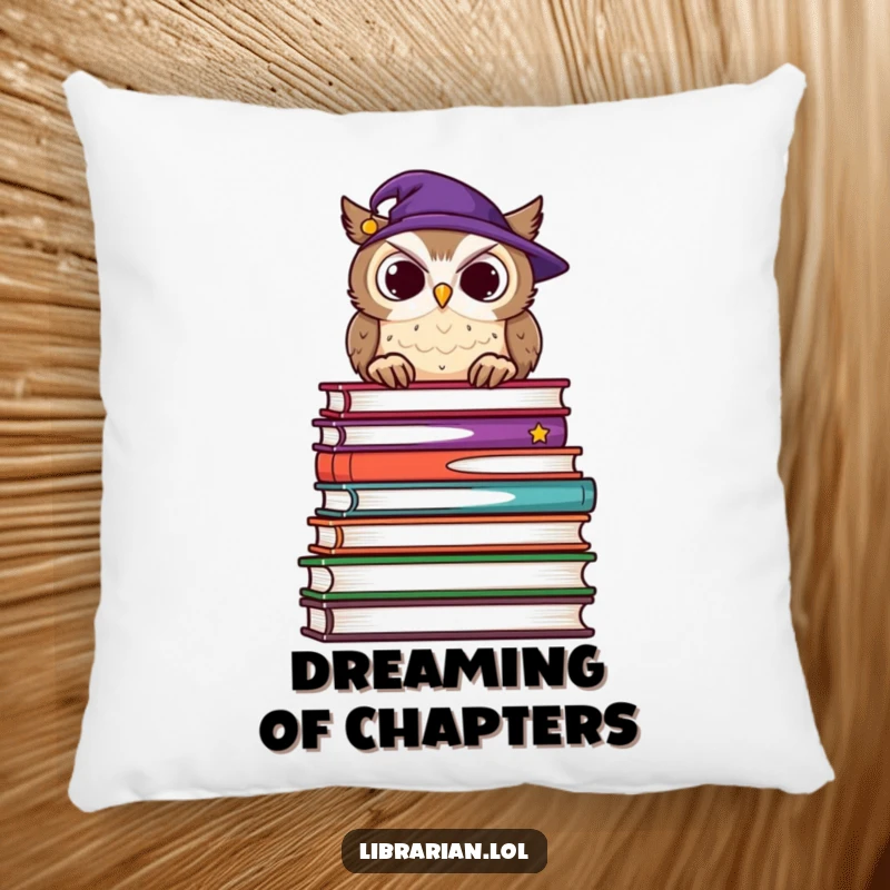 Funny pillow featuring a wise owl in glasses, overseeing a vast stack of books with a gentle nod, bringing studious comfort.