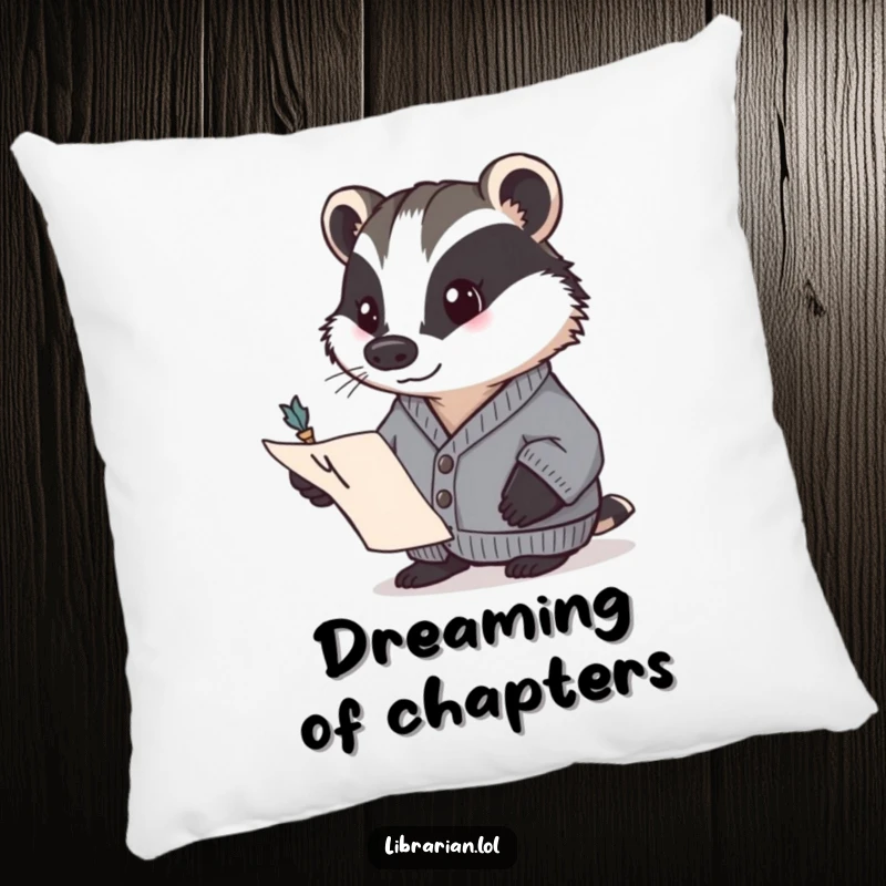 Funny badger in a cardigan, determinedly pointing to a page with a quill. Soft and humorous pillow, ideal funny gift.