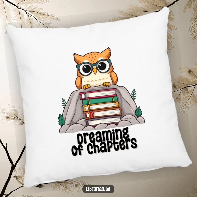 Funny owl with spectacles peeking over a stack of books, featured on a soft pillow for ultimate reading comfort and a touch of humor.