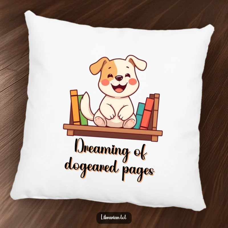 Funny pillow featuring a happy dog shelving books with a wagging tail, offering a humorous and cozy decorative accent, an ideal funny gift.
