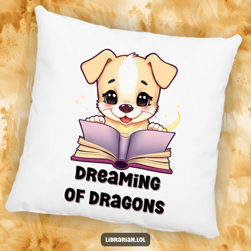 Funny puppy pillow, giggling at an open, enchanted book, providing plush comfort and a touch of whimsical humor.
