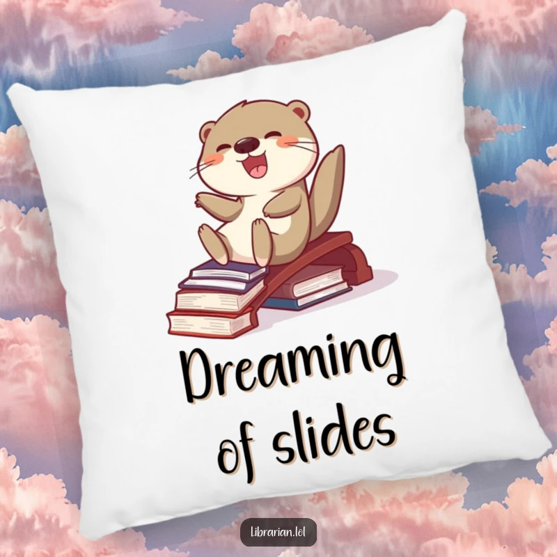 Funny joyful otter sliding down a ramp of books on a plush pillow, creating a cozy and humorous reading nook.