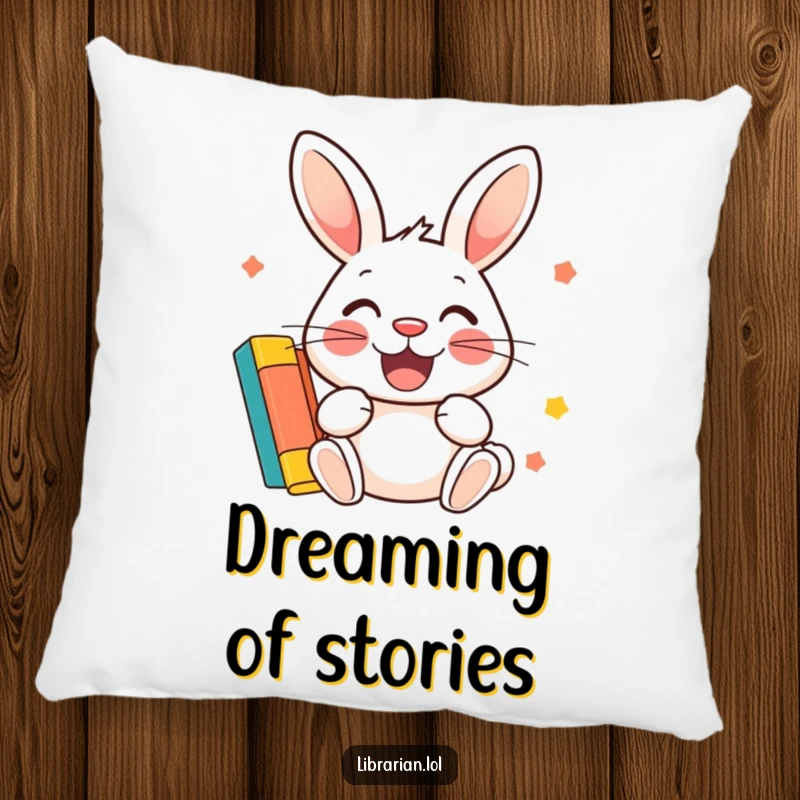 Funny Pillow: A cheerful rabbit happily stamps a colorful library card, ready for a cozy read.
