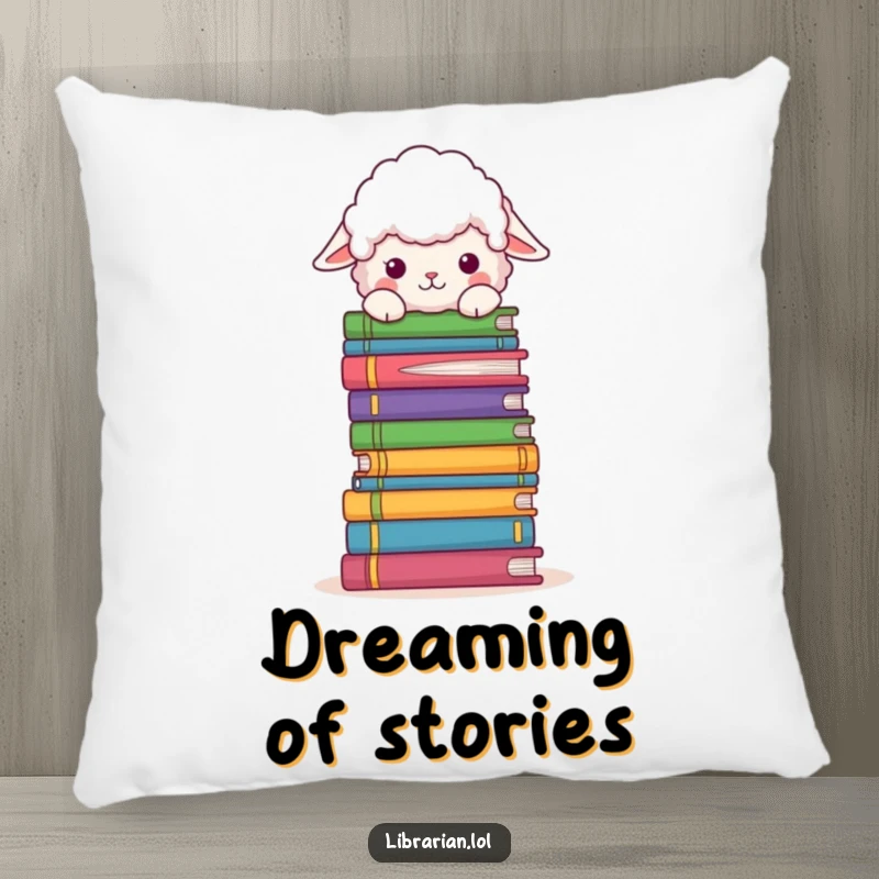 Funny Pillow: A fluffy sheep playfully peeks over a large, colorful stack of books on a cozy pillow.