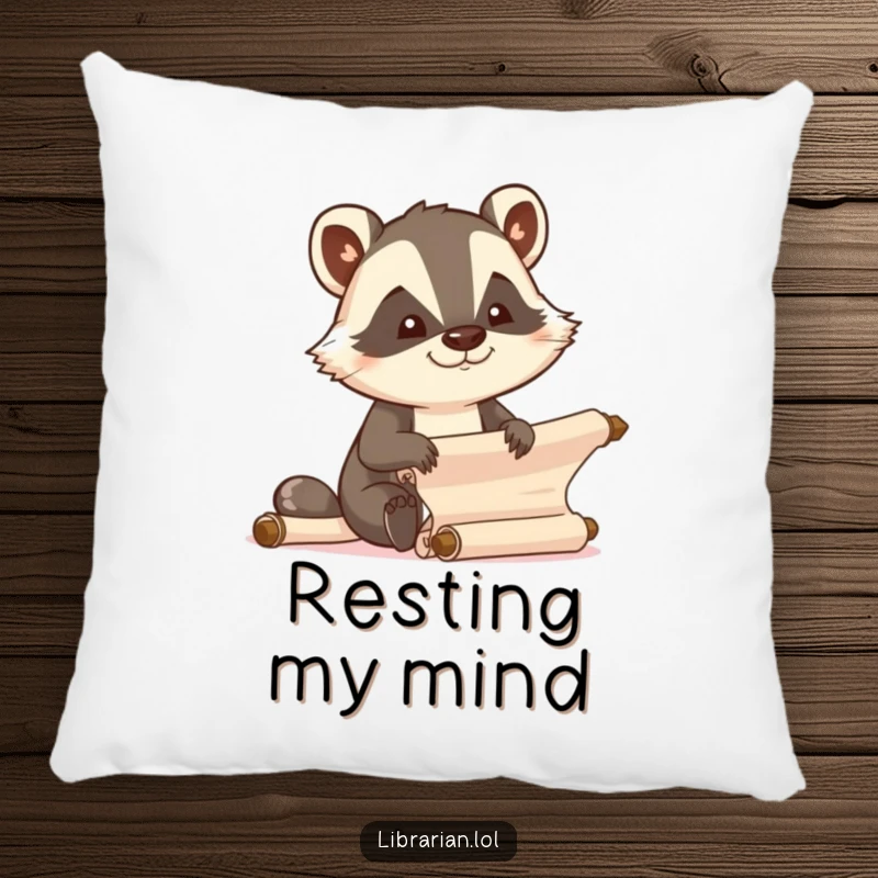 Funny determined badger organizing scrolls with focused joy, on a decorative pillow.