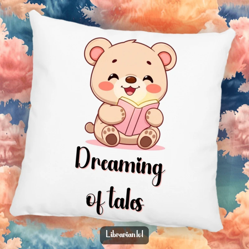 Funny pillow featuring a happy bear cub holding a glowing bookmark, perfect for adding comfort and humor.