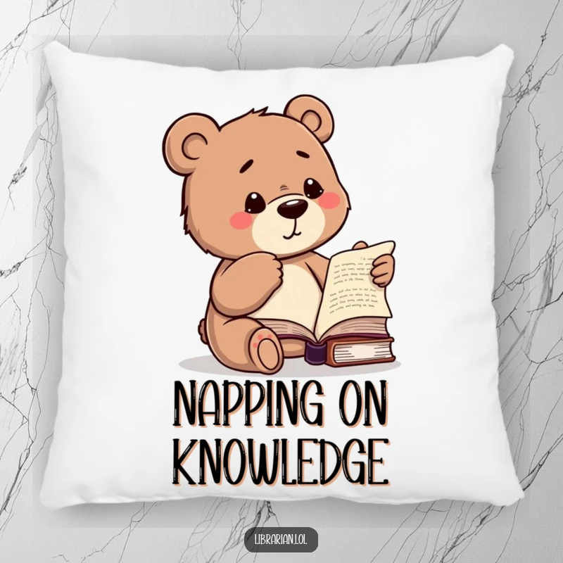 Funny pillow with a studious bear winking and pointing to a book, offering comfort and humorous decor.