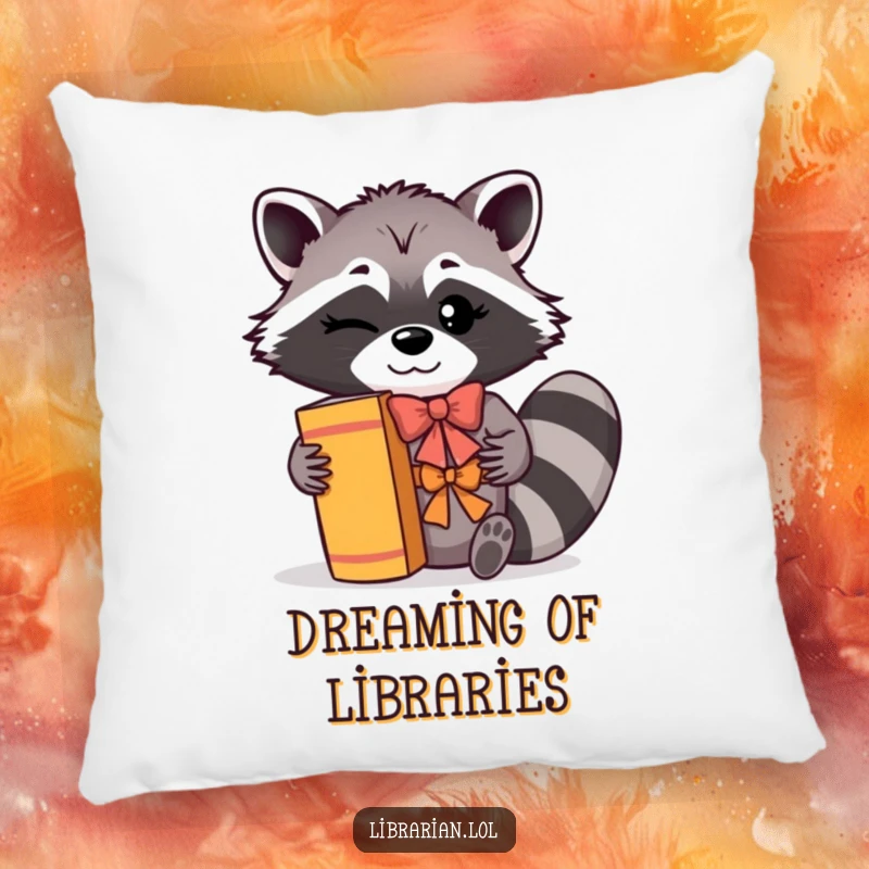 Funny Pillow: A winking raccoon with a cheerful bow is shown shelving books with a flourish, adding literary humor.