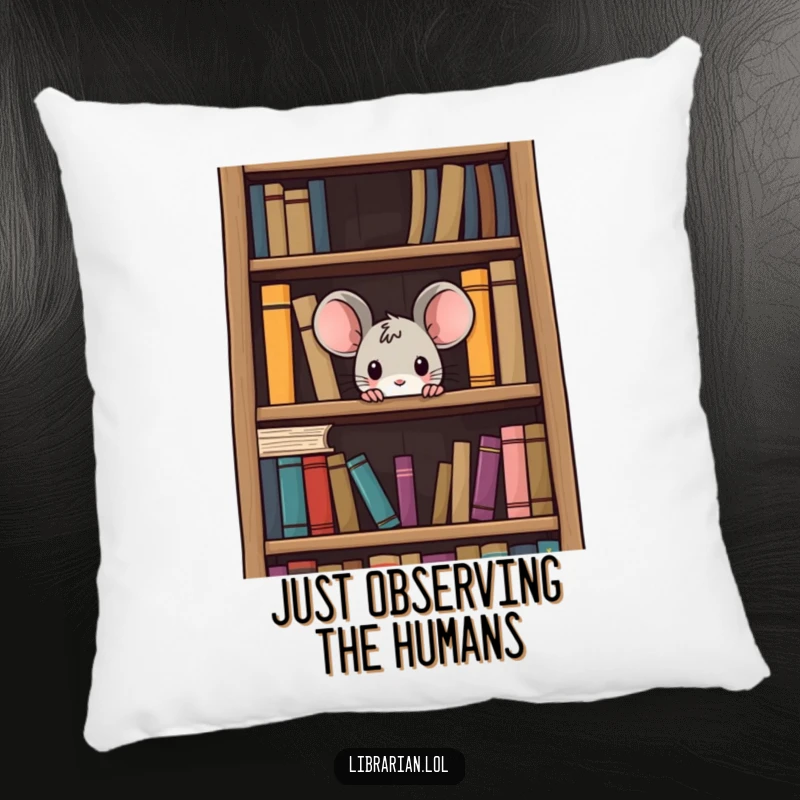 Funny curious mouse pillow, a tiny creature peeking from a large bookshelf, offering comfort and a humorous literary vibe.