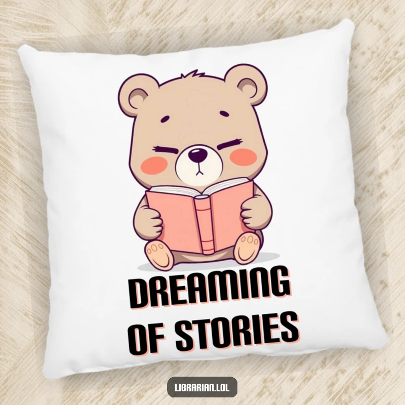 Funny determined bear offering a book with a knowing wink, a comfortable and humorous decorative pillow for reading spaces.