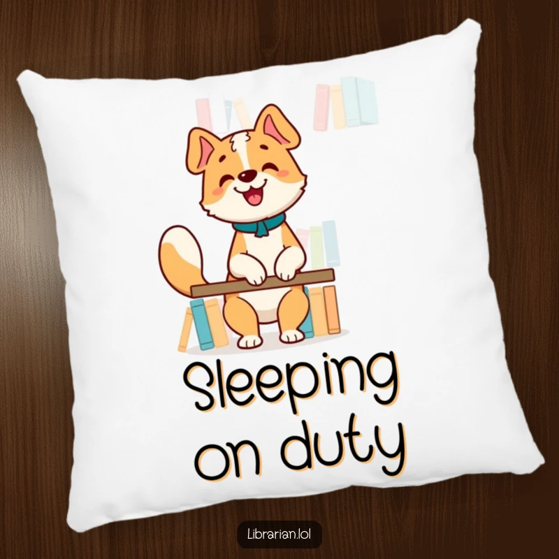 Funny Pillow: Happy dog librarian organizing books on a high shelf, tail wagging, adds a cozy touch.