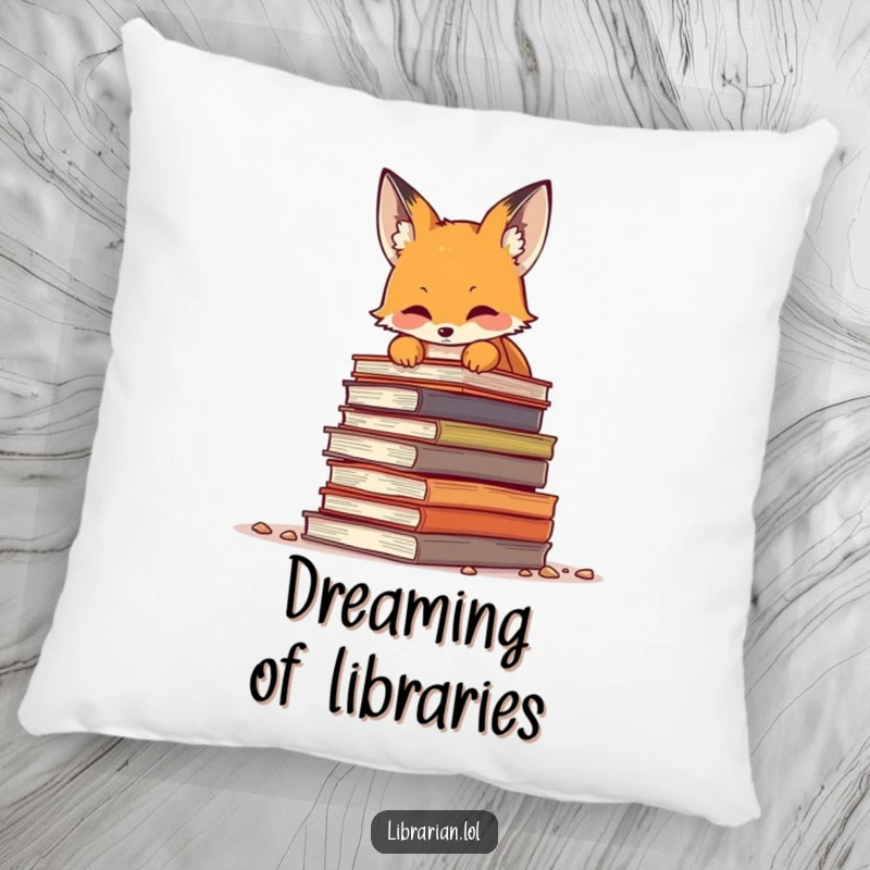 Funny fox peeking over a large pile of dusty books, soft and cozy pillow for book lovers, adding literary charm.