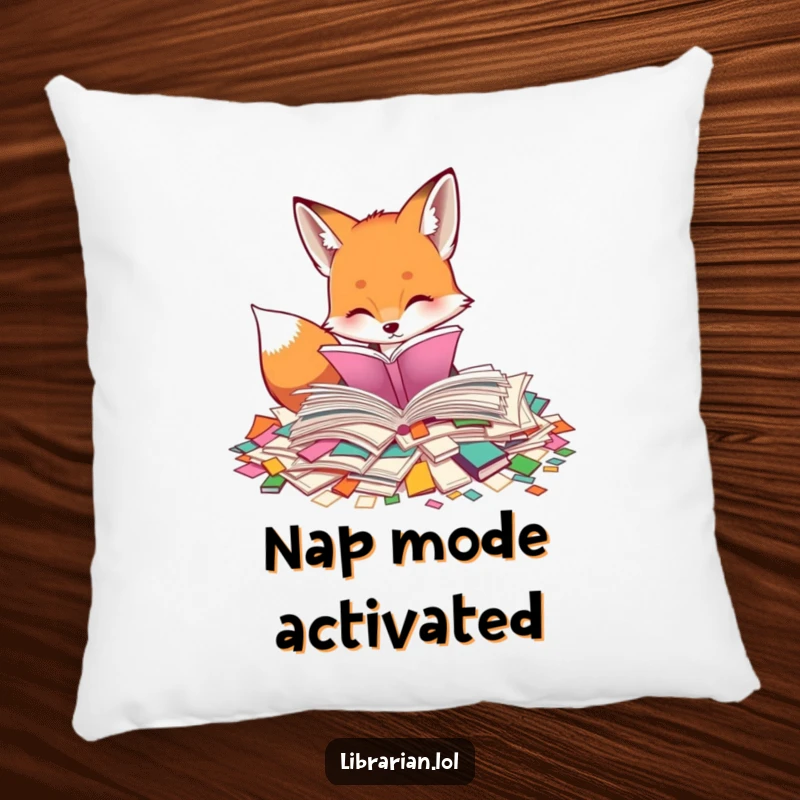 Funny decorative pillow featuring a curious fox sorting through scattered book pages. Perfect for adding literary charm and humor.