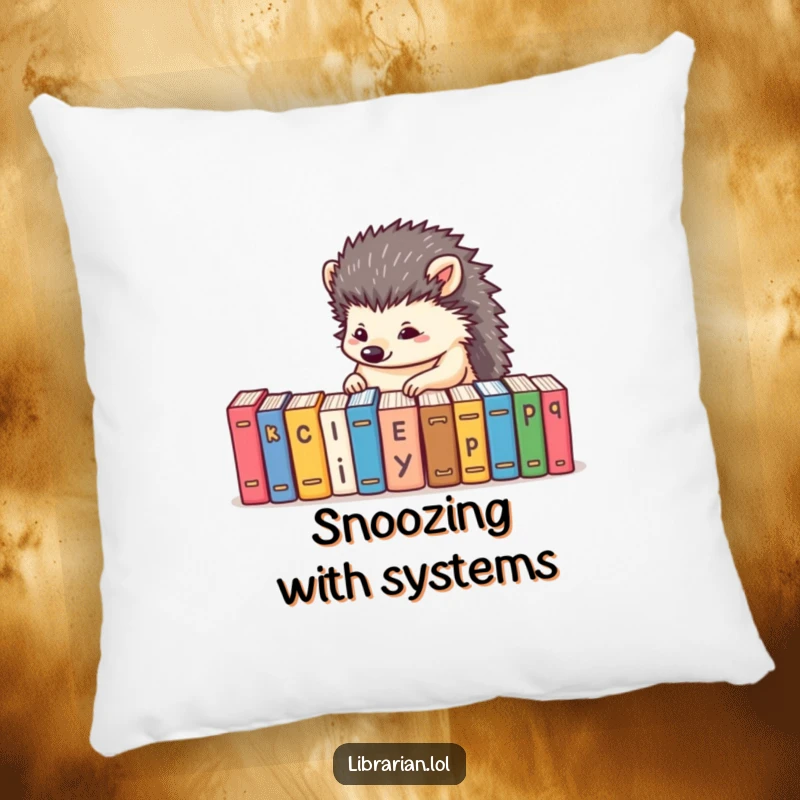 Funny pillow with a determined hedgehog alphabetizing tiny books, offering comfort and humorous organization.