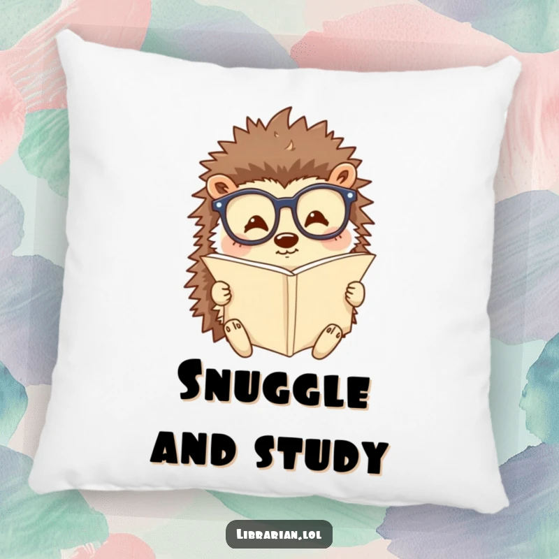 Funny decorative pillow with a happy hedgehog wearing reading glasses and reading a tiny scroll. Adds comfort and intellectual charm.