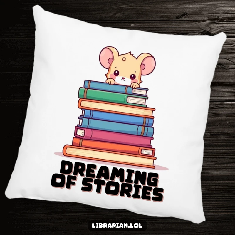 Funny cartoon mouse peeking over a large pile of books, on a soft and decorative pillow.