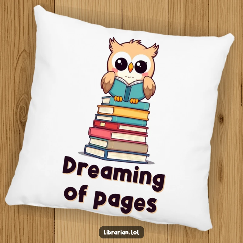 Funny pillow: A happy owl librarian surveys stacks of books, offering comfort, a funny gift.