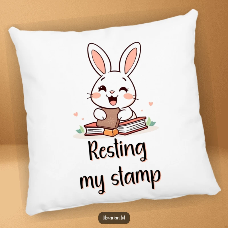 A soft pillow featuring a happy rabbit joyfully stamping books, bringing comfort and whimsical energy to any reading space.