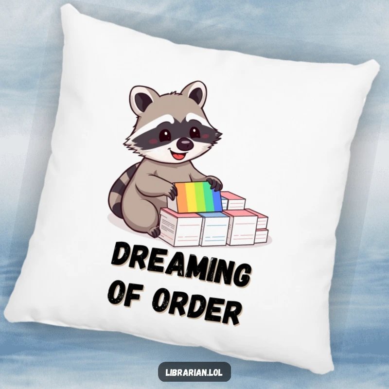 Funny pillow featuring a happy raccoon sorting colorful index cards, adding a cozy and organized touch to any room.