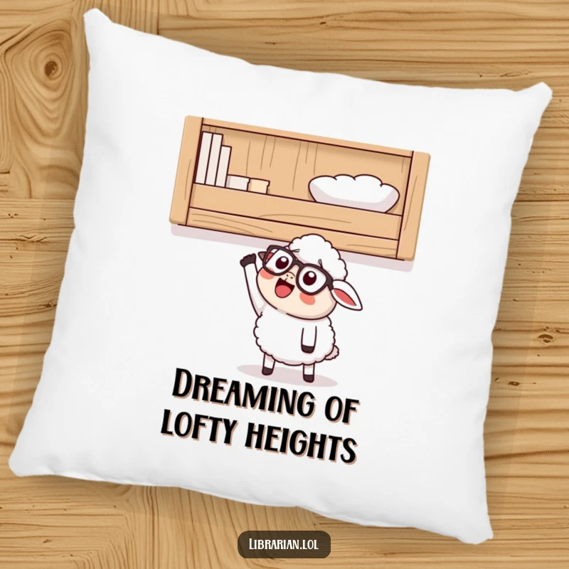 Funny Pillow featuring a happy cartoon sheep with glasses, looking up at a high shelf and excitedly reaching, perfect for comfort and inspiration.