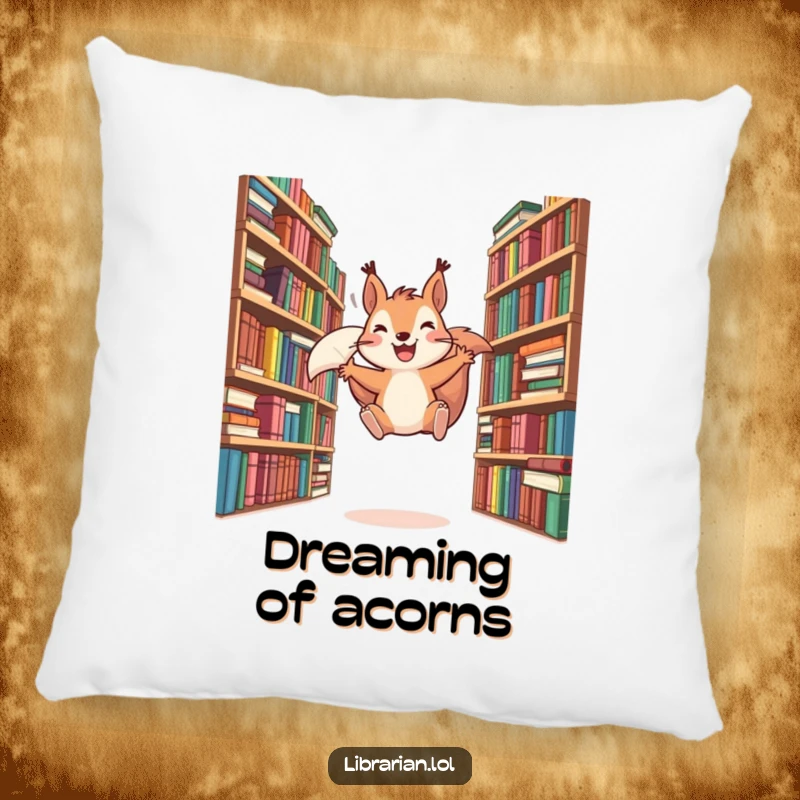 Funny pillow depicting a joyful squirrel mid-air between vast bookshelves, adding a cozy and humorous touch to any seating area.
