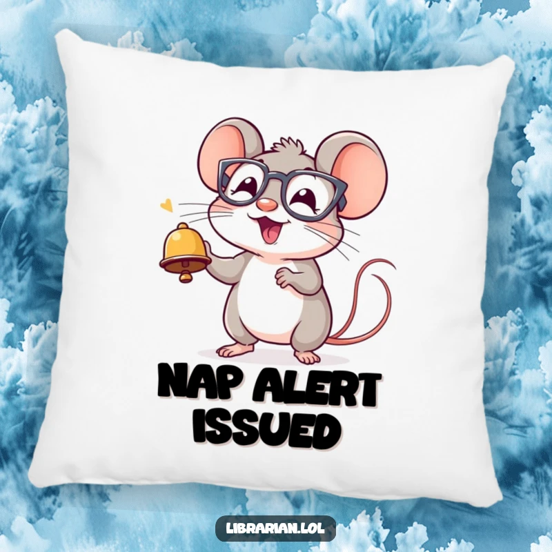 Funny pillow featuring a cheerful mouse in spectacles ringing a tiny bell with excitement, adding comfort and charm.