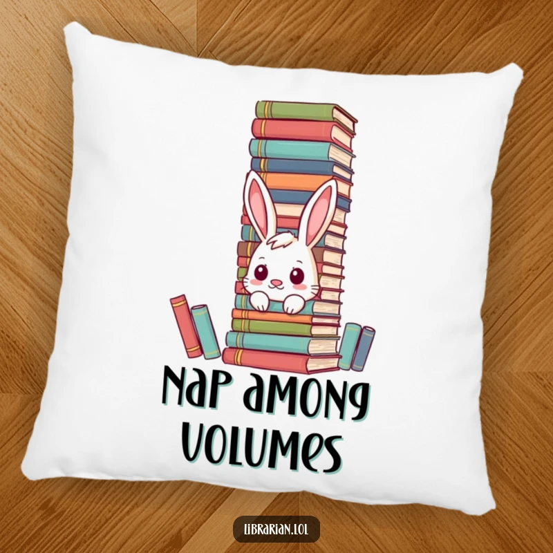 Funny bunny pillow hiding behind encyclopedias, offering comfort and literary humor.
