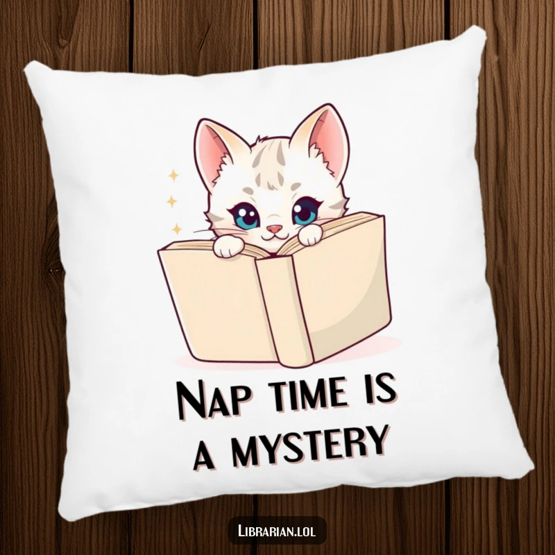 Funny Pillow featuring a cute cartoon kitten peeking around a book, a mischievous sparkle in its eyes, perfect for adding comfort and humor.